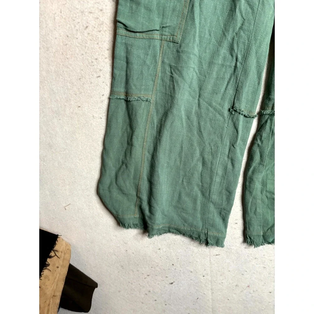 Umgee Linen Blend Cargo Pants Women Small Green Reg Fit Frayed Hem High Waisted